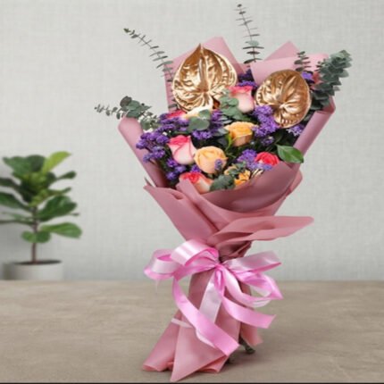 Exquisite gold anthurium and rose bouquet, featured in our gift delivery in Lahore collection.Exquisite gold anthurium and rose bouquet, featured in our gift delivery in Lahore collection.
