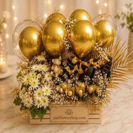 Gold Balloon Floral Hamper is a top choice for luxury gift hampers.