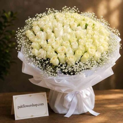 Large white rose bouquet arranged for flower delivery in Lahore