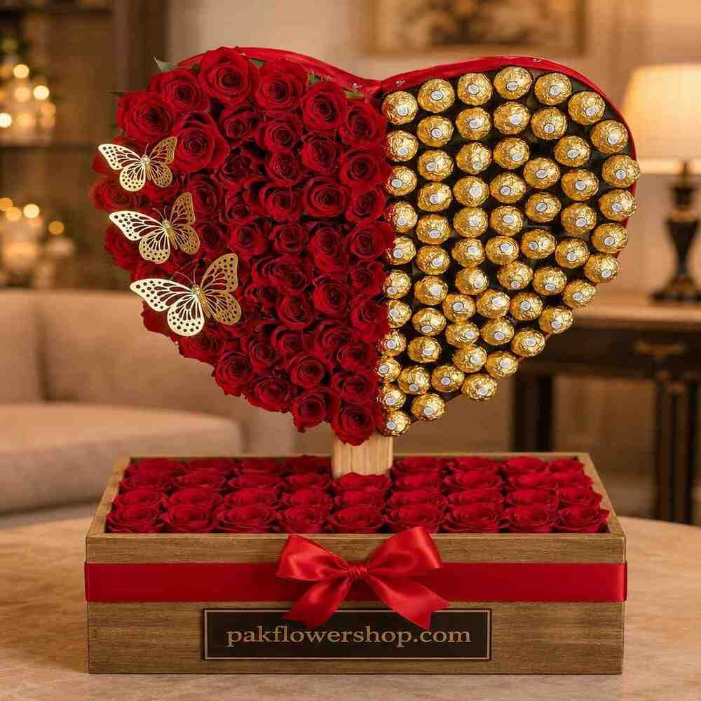 Luxury-Heart-Floral-Arrangement Heart-shaped rose and chocolate arrangement from our gift shop in Lahore.