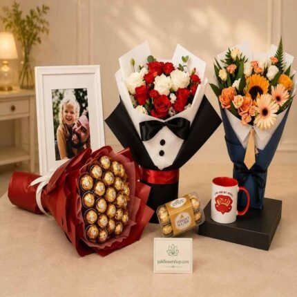Collection of premium gifts Lahore including roses and chocolates.