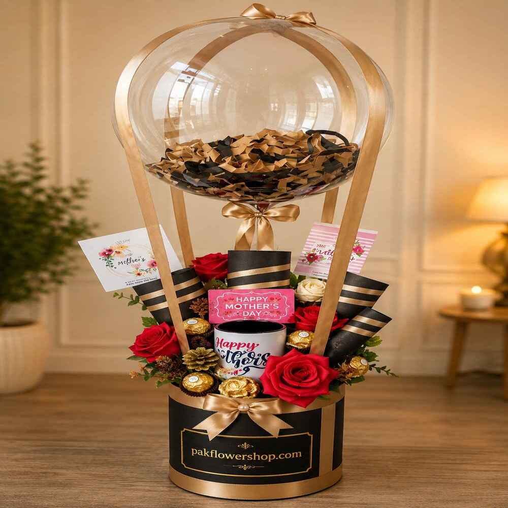 Mother’s-Day-Balloon-Hamper Elegant Mother’s Day balloon hamper perfect for gift delivery in Lahore.