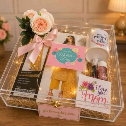 Elegant Mother's Day gift hamper featuring apparel and custom mug, ideal for personalized gifts Lahore.