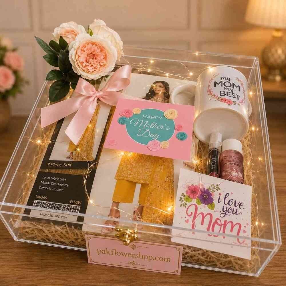 Mother’s-Day-Gift-Hamper Elegant Mother's Day gift hamper featuring apparel and custom mug, ideal for personalized gifts Lahore.