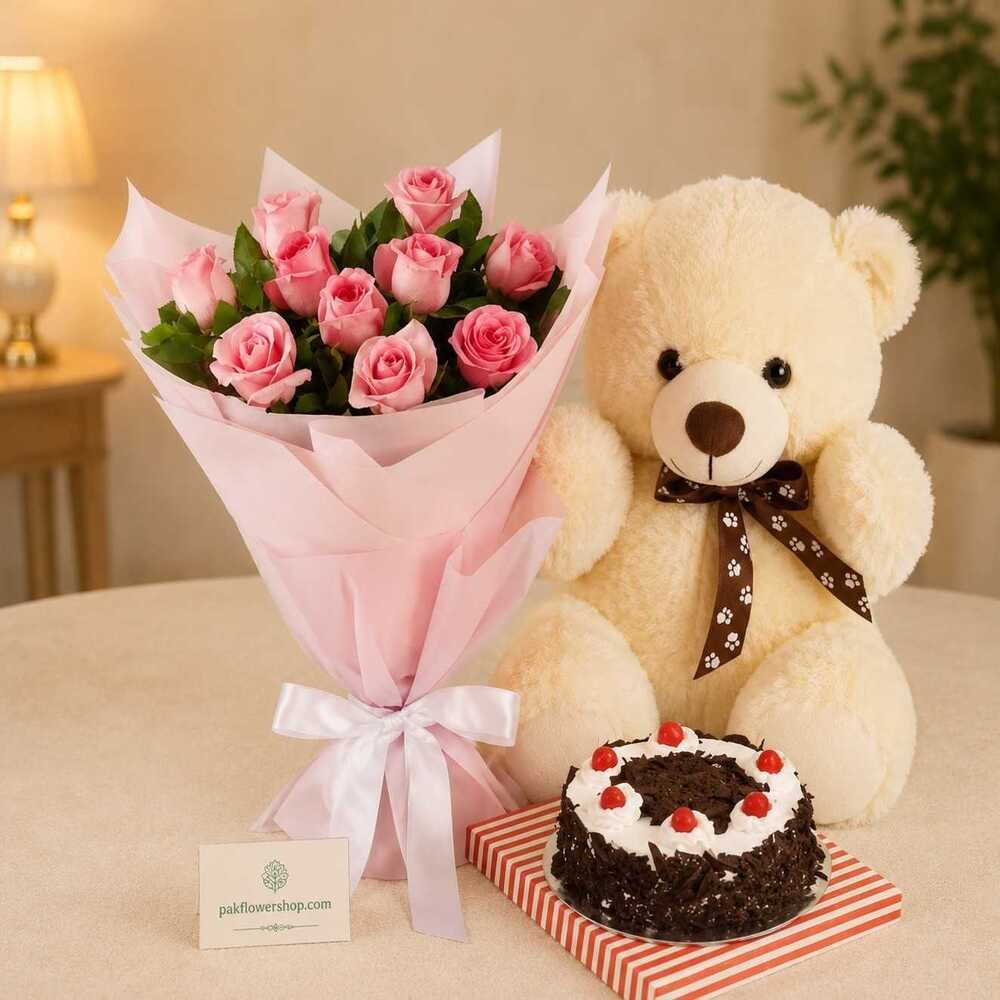 Pink-Rose-Hamper-Set Pink rose bouquet, teddy bear, and cake for birthday gift delivery Lahore.