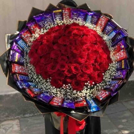 Professional flower delivery in Lahore featuring a rose and chocolate bouquet.