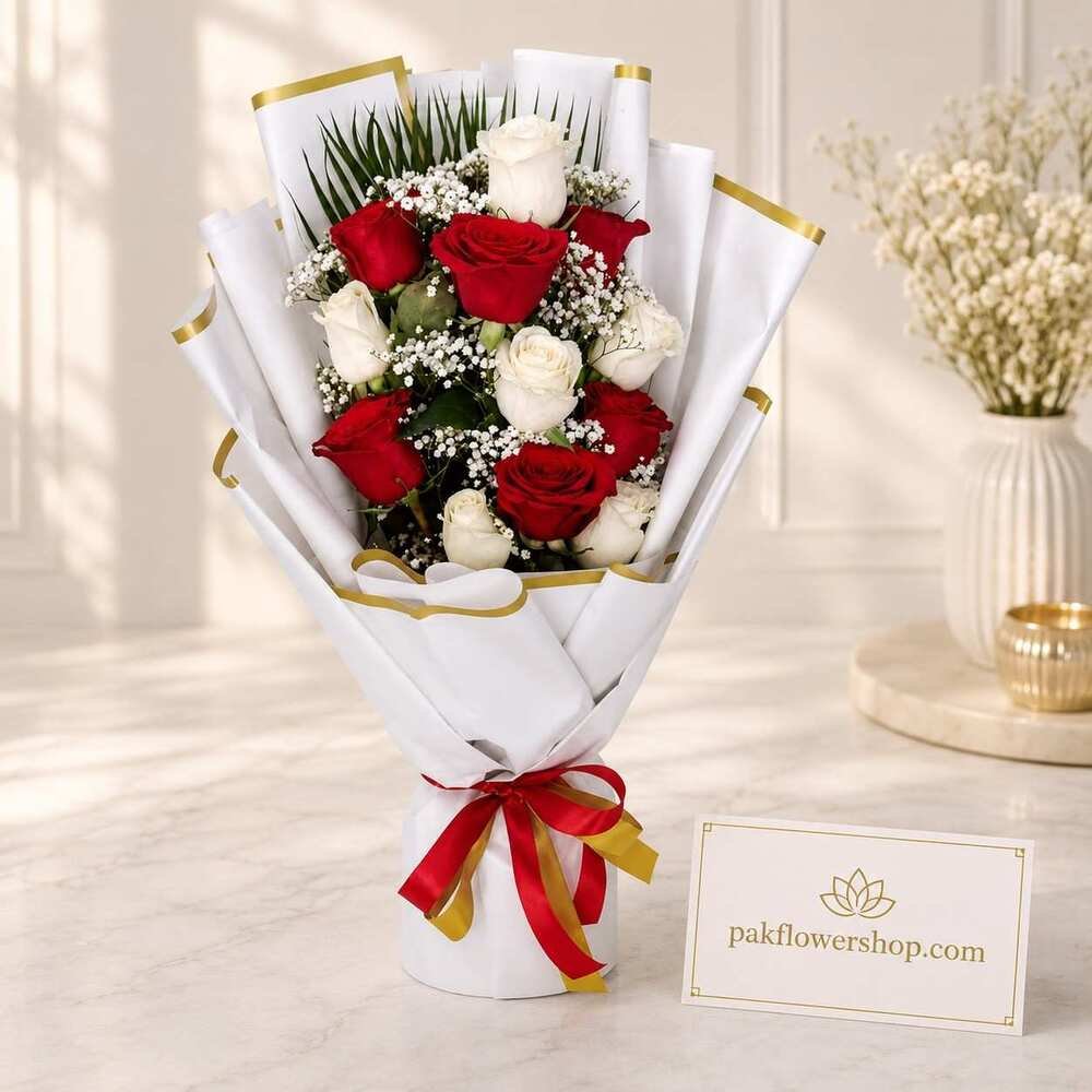 Red-White-Rose-Bouquet Use Red White Rose Bouquet , in our anniversary flowers delivery service.