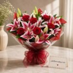 Beautiful rose and lily bouquet from an online flower shop Lahore.
