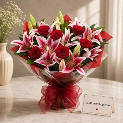 Beautiful rose and lily bouquet from an online flower shop Lahore.