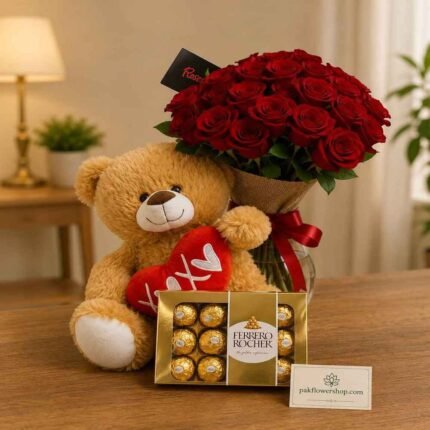 Rose Teddy Chocolate Combo for anniversary surprise delivery Lahore.
