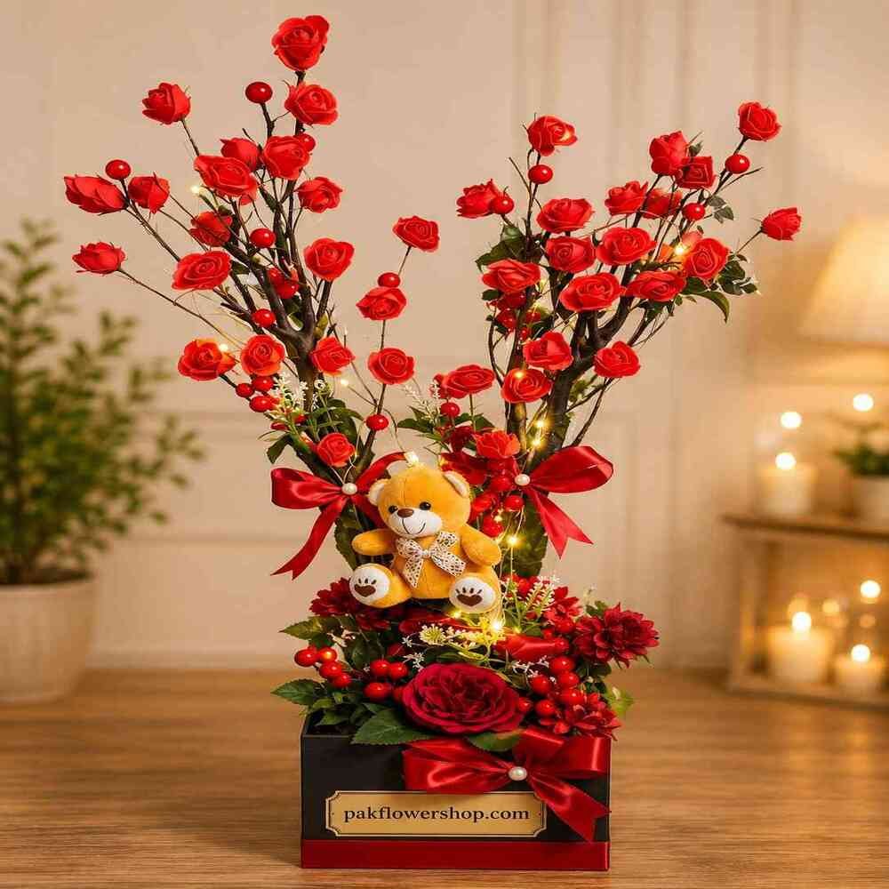 Rose-Tree-Gift-Box Illuminated rose tree gift arrangement for same day gifting Lahore.