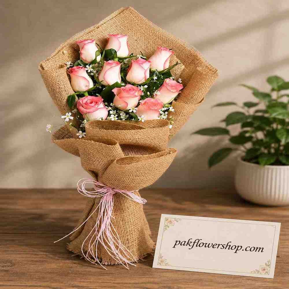 Rustic-Pink-Rose-Bouquet Elegant pink rose bouquet wrapped in burlap from our flower shops in Lahore.