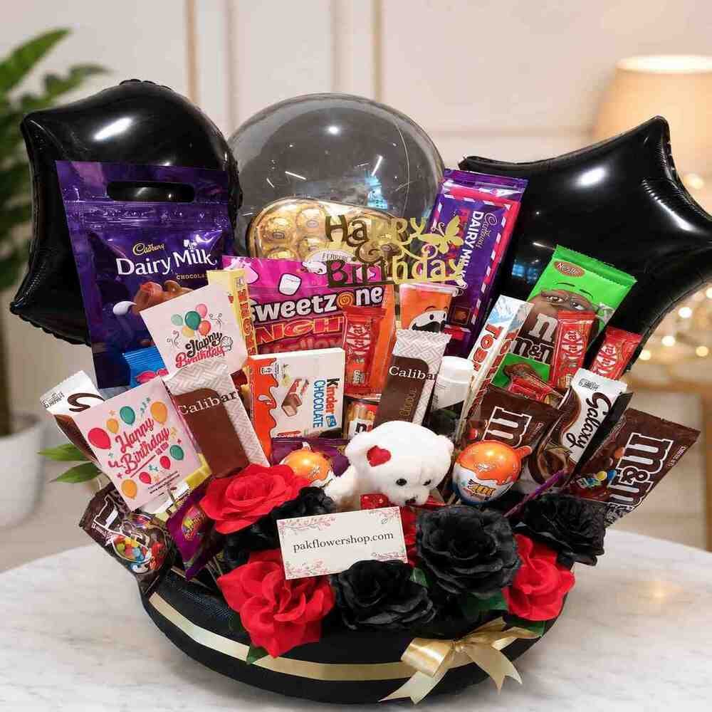 Ultimate-Birthday-Gift-Hamper A grand chocolate and rose arrangement for birthday gift delivery.
