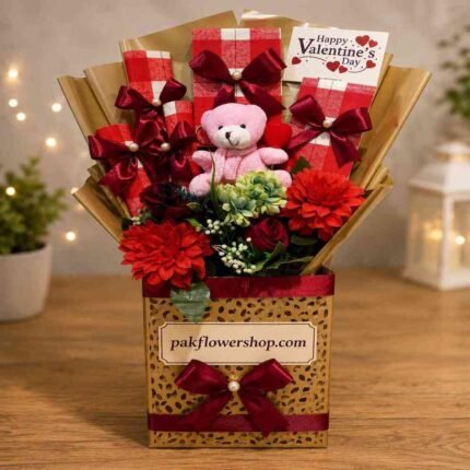 Romantic teddy and floral box arrangement perfect to send gifts to Lahore.
