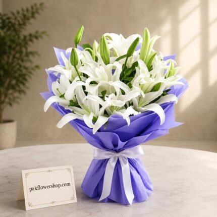 White lily bouquet featured during online shopping in Pakistan