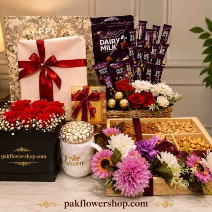 luxury gift basket with flowers chocolates and dry fruits