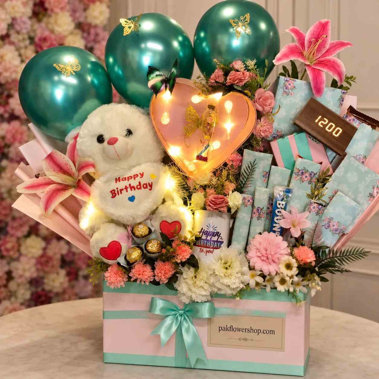 Birthday Gift Hamper Lahore birthday gift hamper Lahore with flowers, teddy bear, chocolates, and balloons