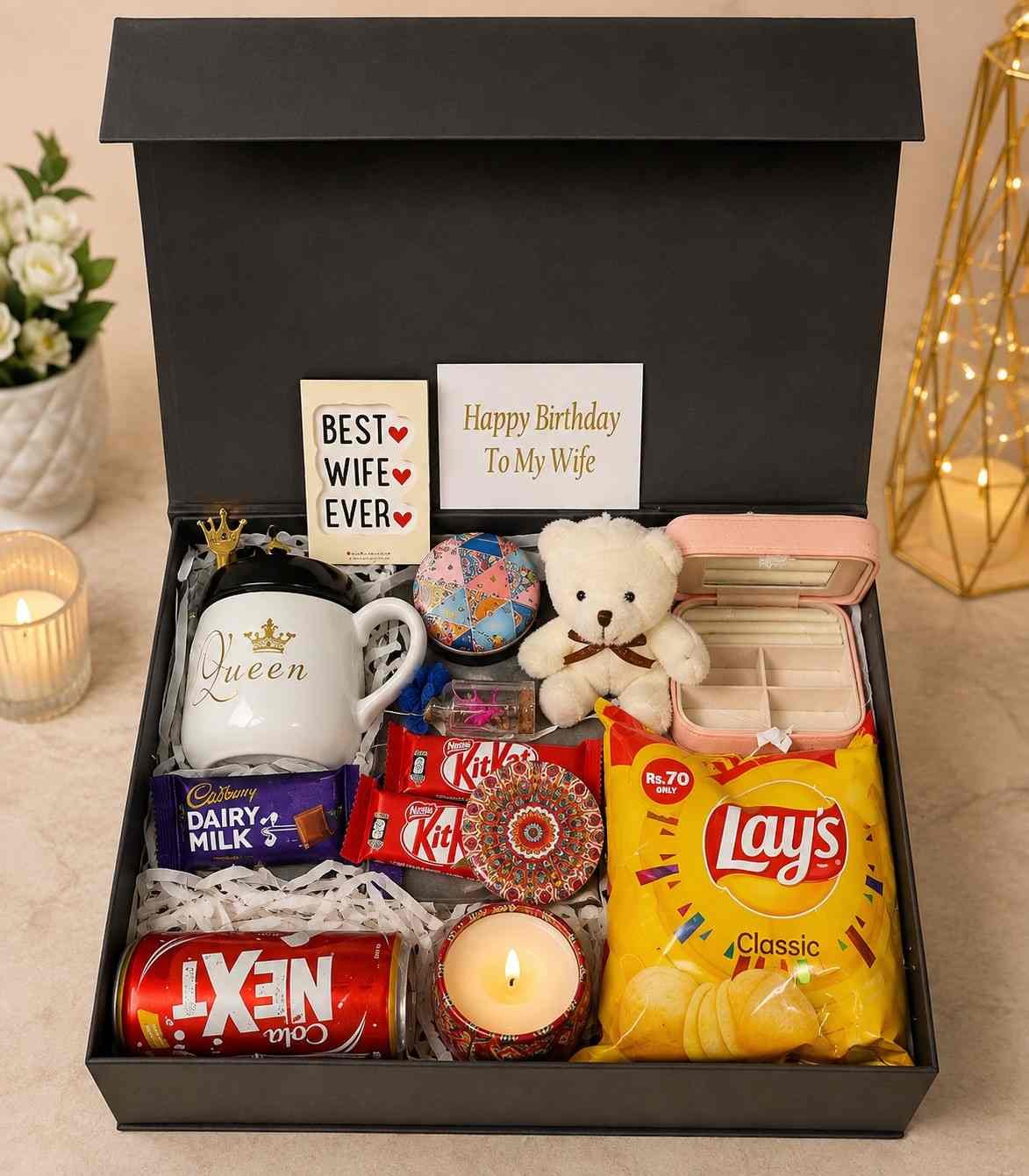 Birthday Gift for Wife Pakistan Birthday Gift for Wife Pakistan with teddy bear, mug, chocolates, and snacks