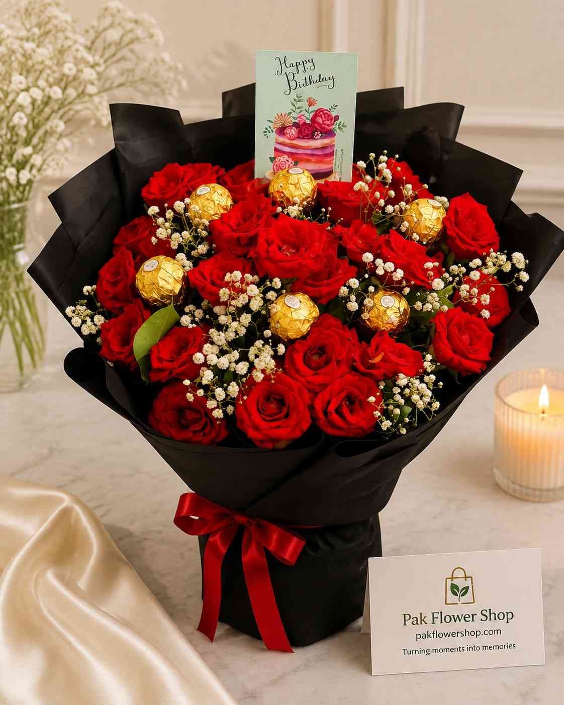 Luxury Birthday Rose Bouquet Birthday Flower Bouquet Pakistan with red roses, chocolates, and baby's breath