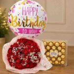 Birthday Gifts Lahore with red roses, Ferrero Rocher chocolates and balloon