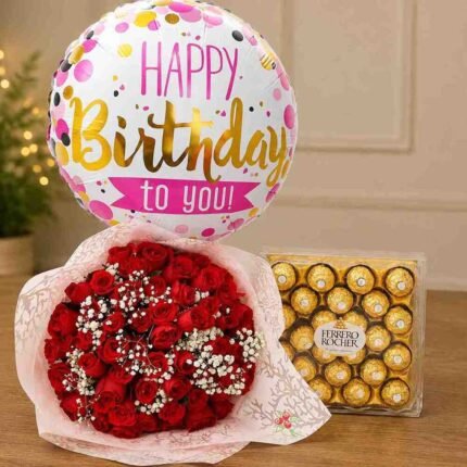 Birthday Gifts Lahore with red roses, Ferrero Rocher chocolates and balloon