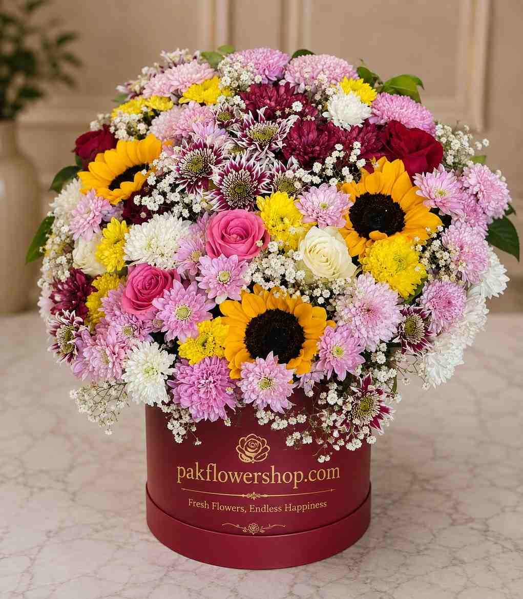 Bloom-Bliss-Box Luxury flower box Lahore with roses, sunflowers, and fresh seasonal flowers.