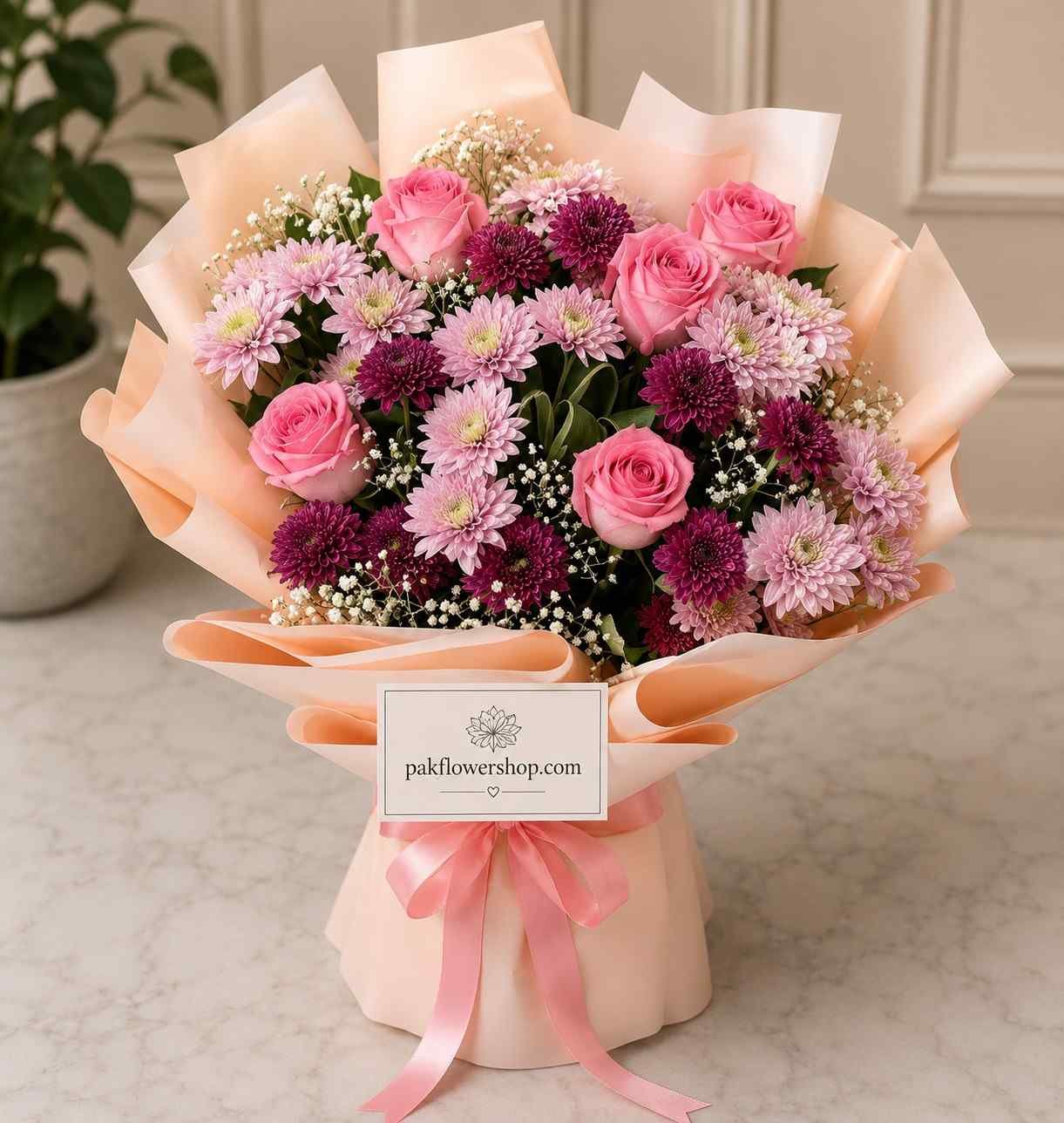 Blush-Garden-Bouquet Fresh bouquet Lahore with pink roses and seasonal flowers.