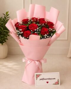 Red Rose Bouquet Pakistan with Premium Pink Wrapping