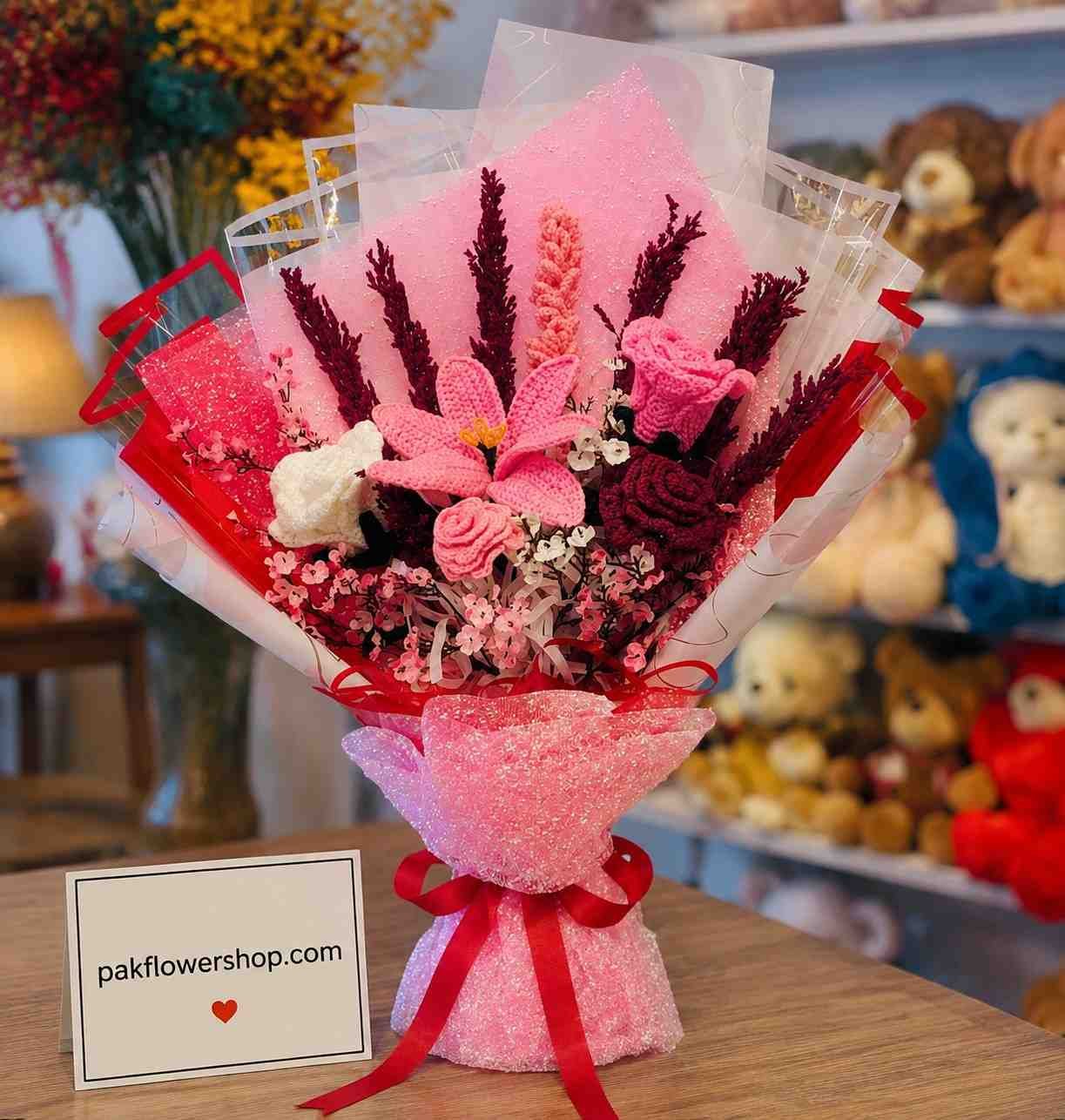 Blushing Crochet Bouquet Handmade Flower Bouquet Lahore with pink crochet flowers and luxury wrapping.