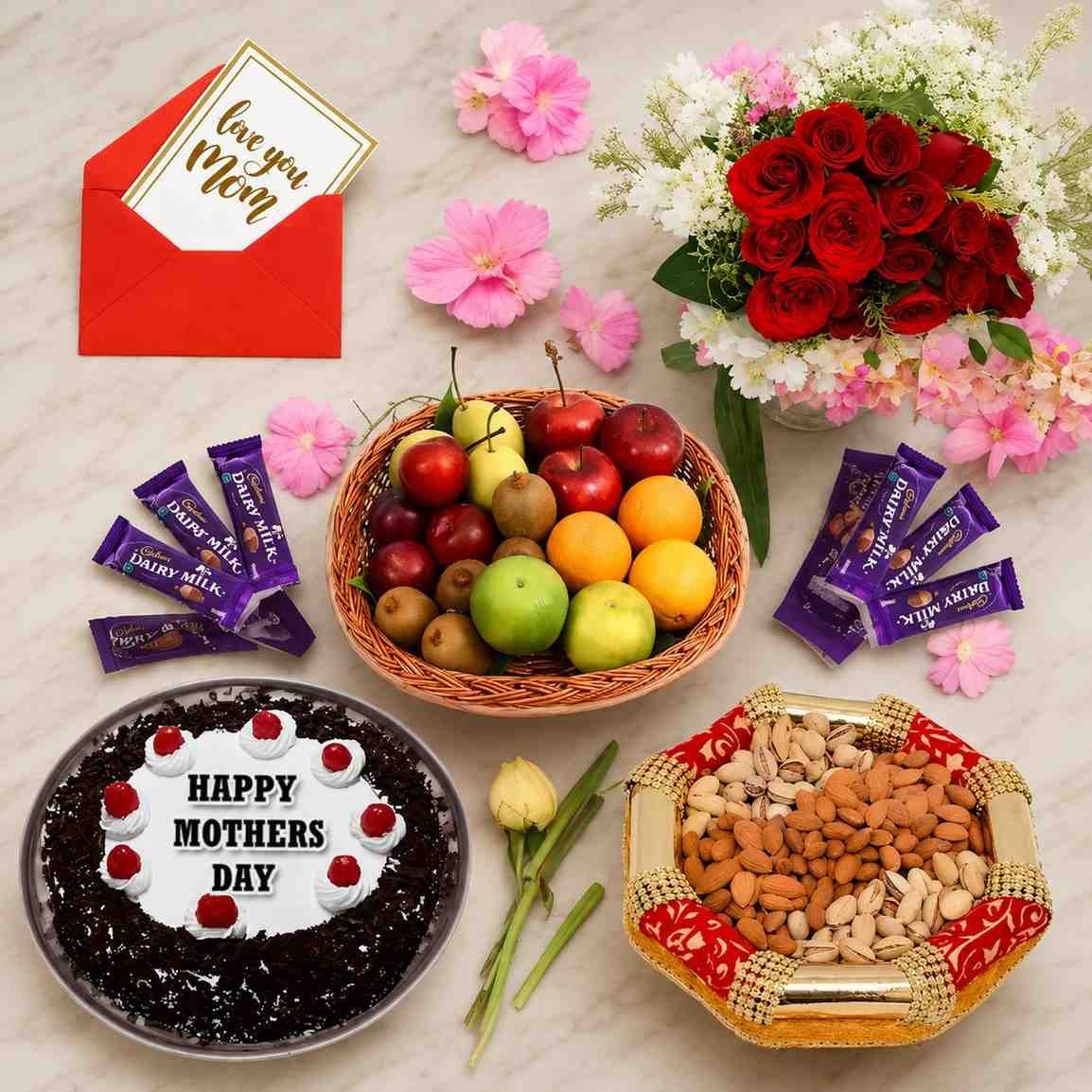 Premium Mother's Day Gift Hamper Mother's Day Gifts Pakistan hamper with flowers, cake, fruits, chocolates, and dry fruits