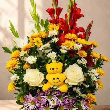 Flower gift box Lahore with teddy bear and colorful fresh flowers