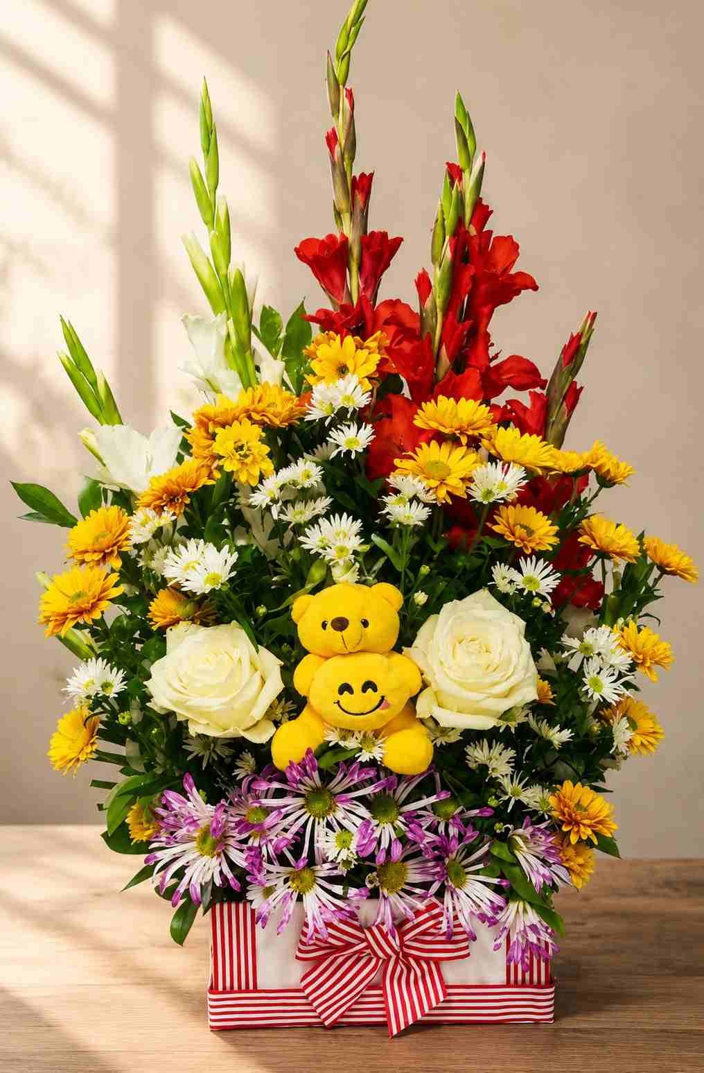 Flower Gift Box Lahore Flower gift box Lahore with teddy bear and colorful fresh flowers