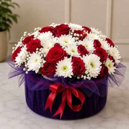 Rose basket Lahore with fresh red roses and white chrysanthemums