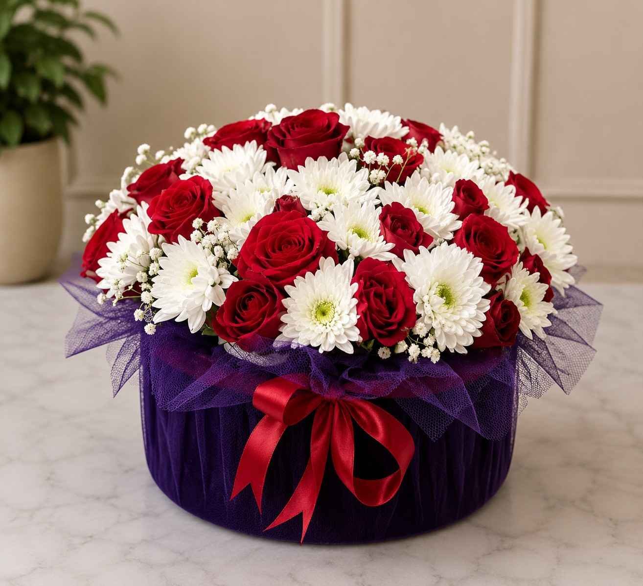 Crimson-Charm-Basket Rose basket Lahore with fresh red roses and white chrysanthemums