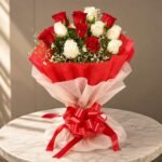 Red and white rose bouquet Lahore for birthdays and anniversaries