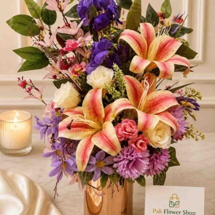 Luxury Flower Arrangement Pakistan with lilies, roses, and seasonal blooms in a premium vase