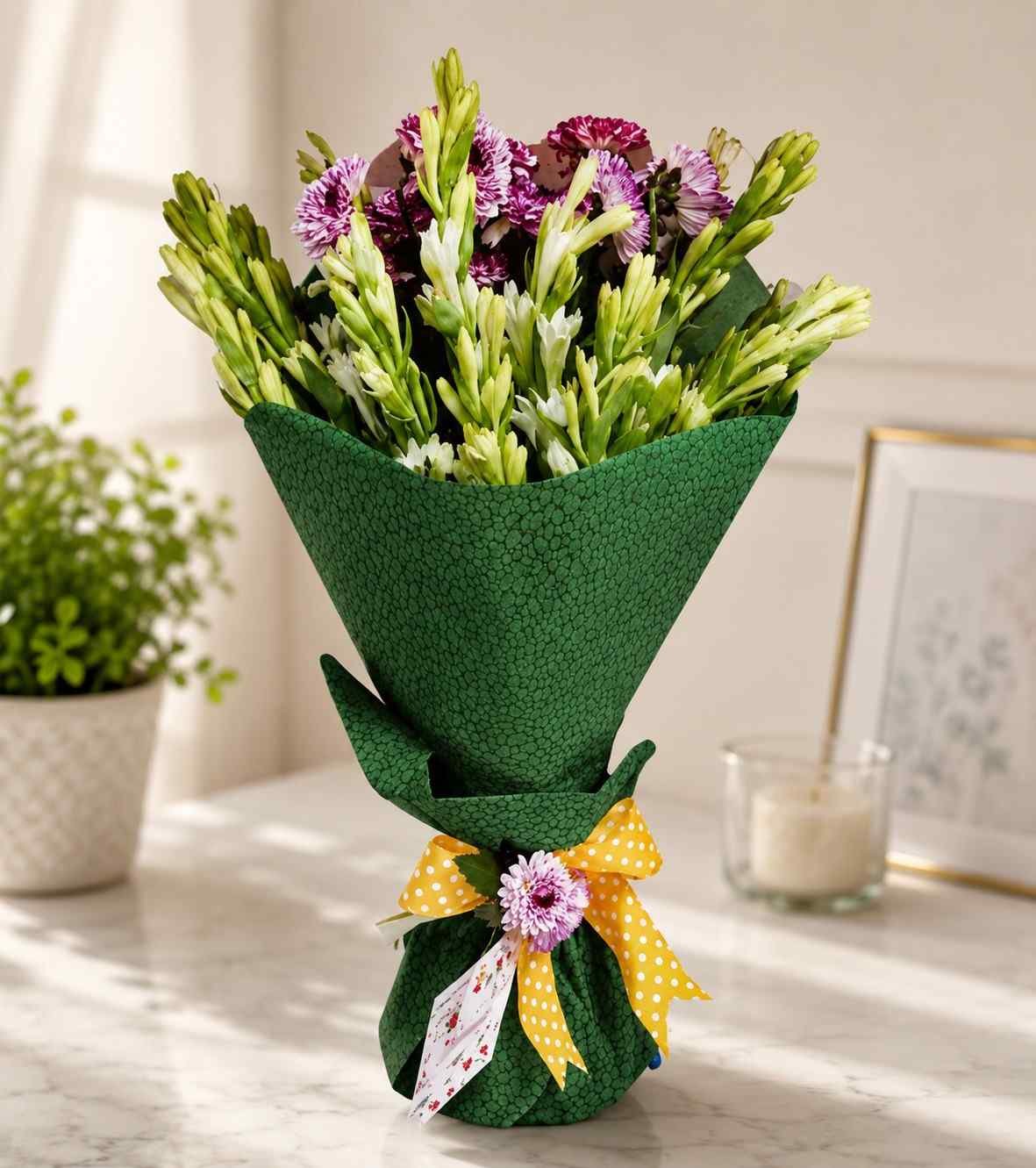 Flower Bouquet Lahore Flower bouquet Lahore with green wrapping and purple white flowers