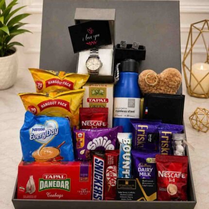 Men's Gift Set Pakistan with watch, wallet, cufflinks, bottle, chocolates, and snacks