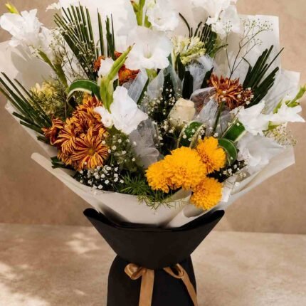 Mixed flower bouquet Lahore with white gladiolus and golden chrysanthemums