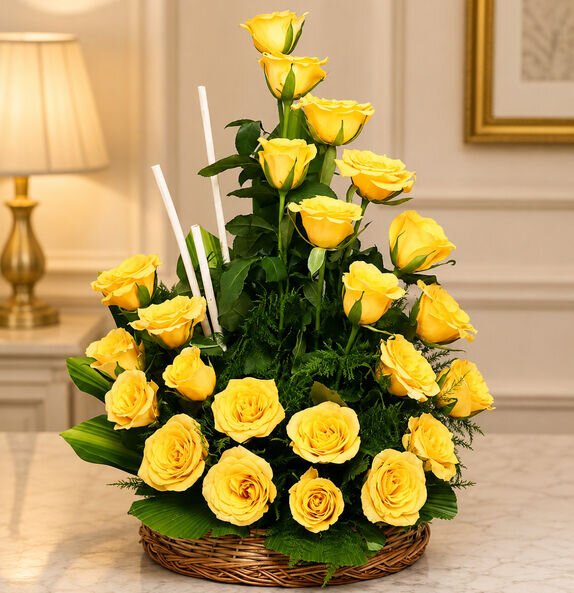 Yellow Rose Flower Basket yellow rose flower basket with lush greenery