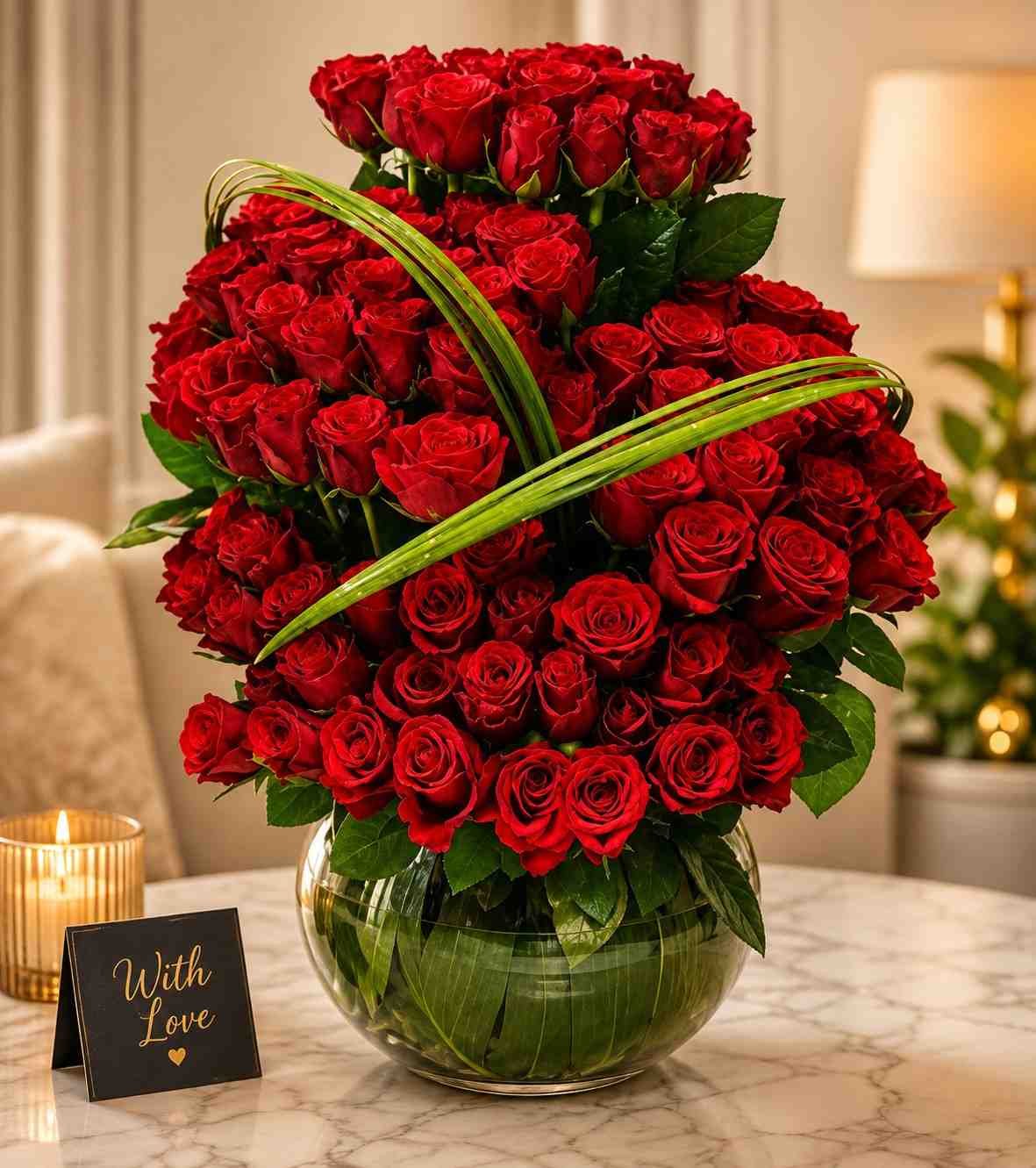 Luxury Rose Arrangement Elegant rose arrangement Pakistan with fresh red roses displayed in a premium glass vase.