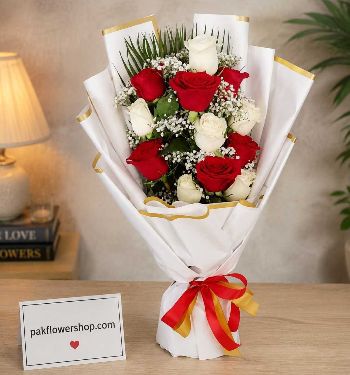 Harmony Rose Bouquet Fresh Rose Bouquet Lahore with premium red and white roses.