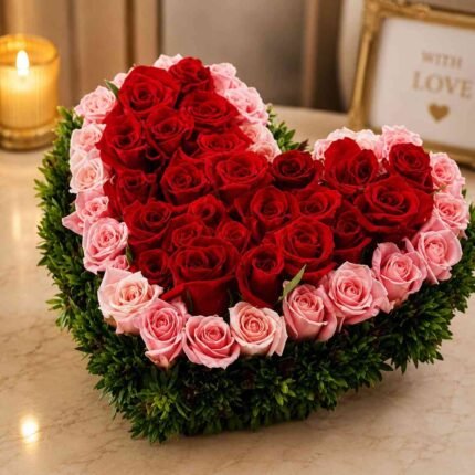 Elegant heart flower arrangement Pakistan with fresh red and pink roses and decorative greenery.