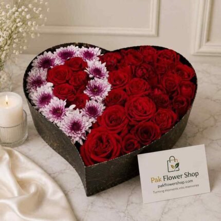 Luxury Flower Box Pakistan with fresh red roses and seasonal blooms