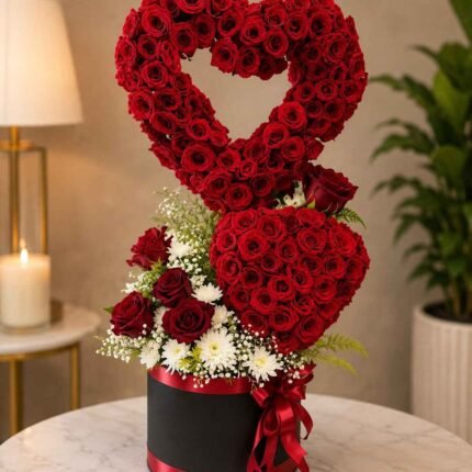 Rose Arrangement Lahore with fresh red roses in a heart-shaped stand.
