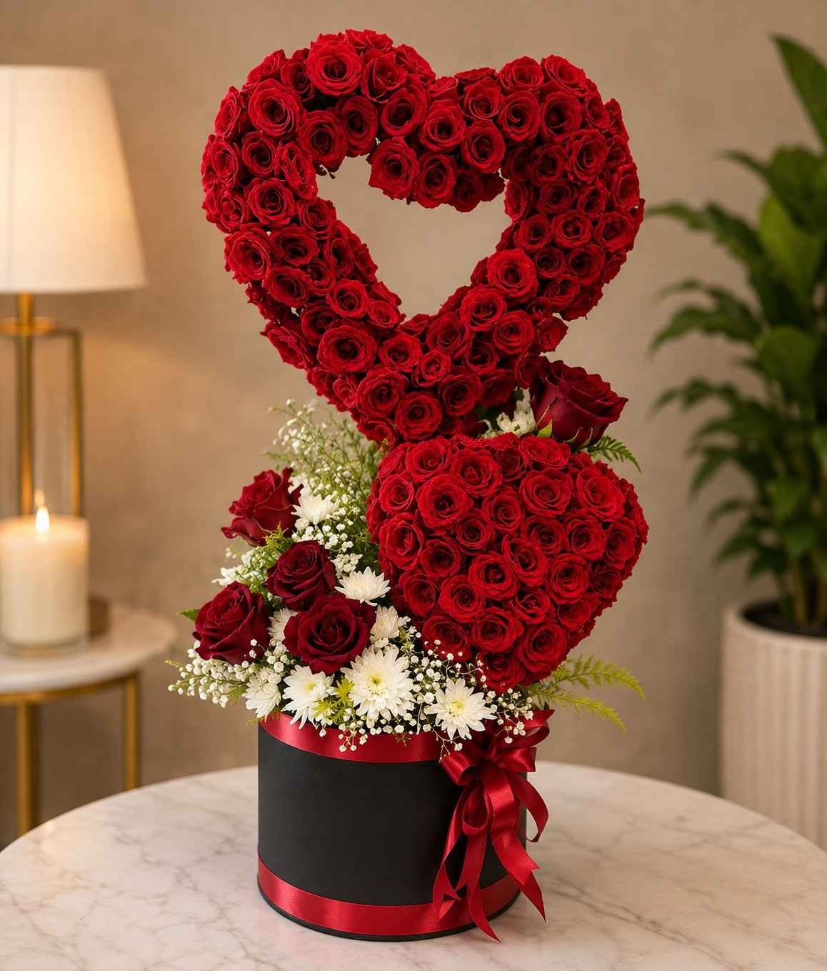 Luxury Heart Rose Stand Lahore Rose Arrangement Lahore with fresh red roses in a heart-shaped stand.