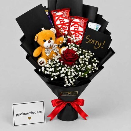 Sorry Gift Lahore with teddy bear, chocolates and fresh flowers.