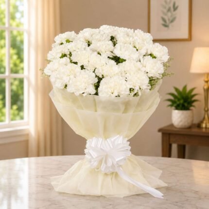 White flowers Lahore featuring a bouquet of fresh white carnations