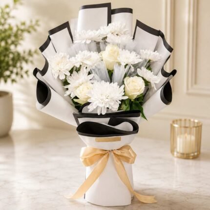 White flower bouquet Lahore with ivory roses and white chrysanthemums