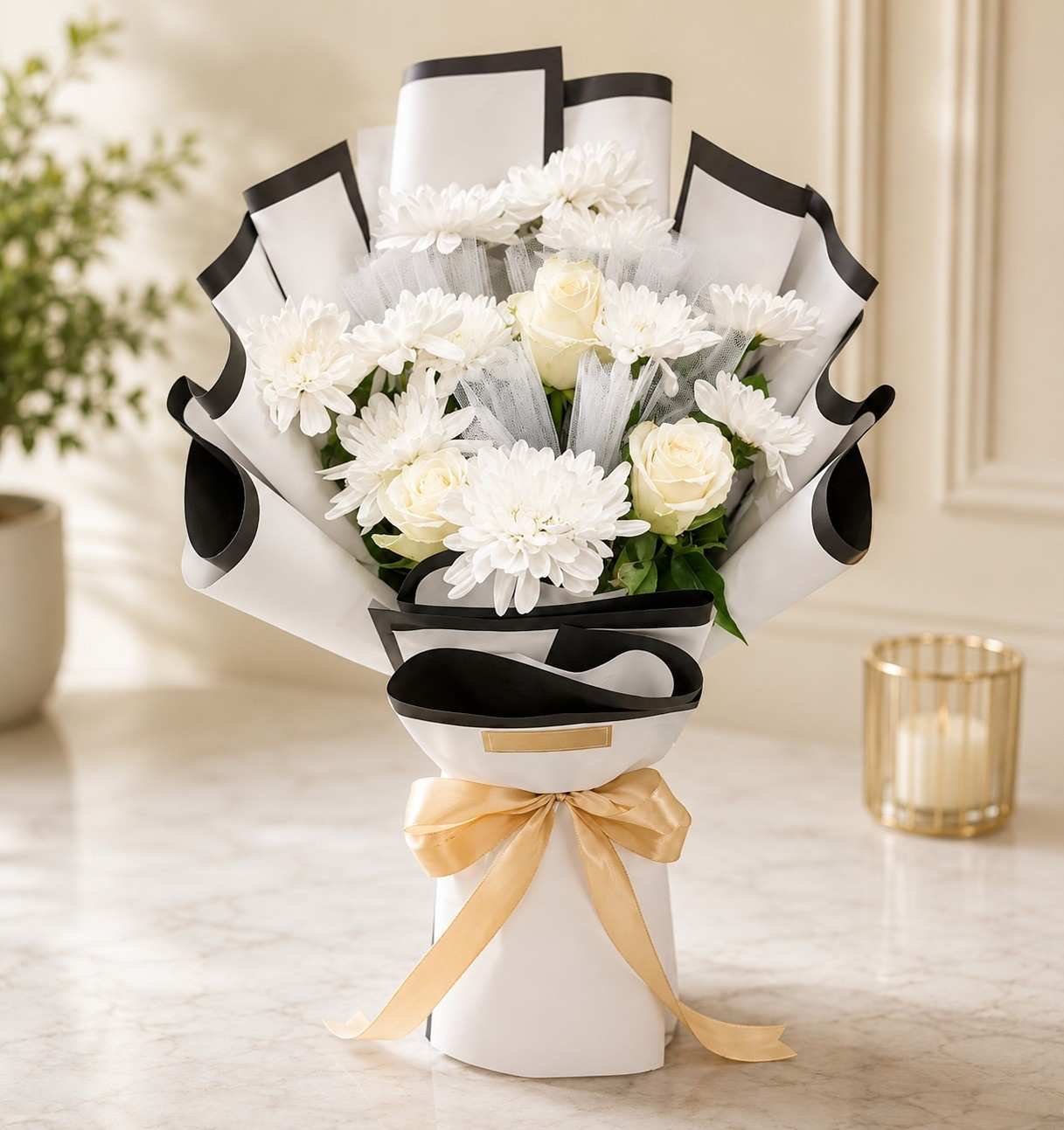 White Flower Bouquet Lahore White flower bouquet Lahore with ivory roses and white chrysanthemums
